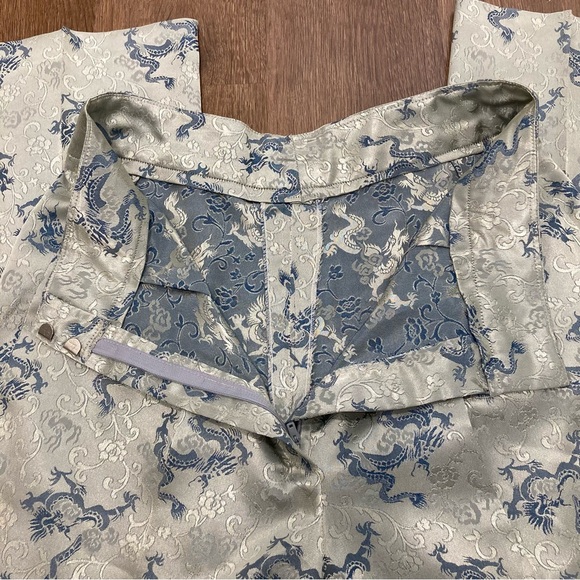 Women’s Dragon & Rose Light Green & Blue Patterned Pants High Waist Wide Leg - Picture 3 of 12